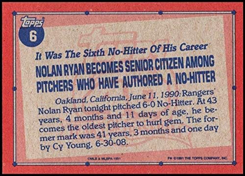 1991 Topps 6 Нолан Райън Ню Йорк-Mount Тексас Рейнджърс Официално Лицензирана бейзболна картичка MLB