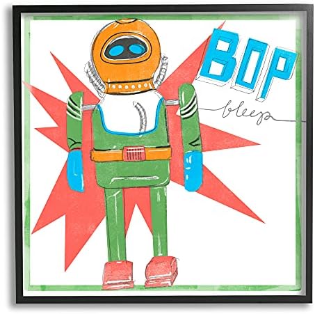Ретро робот-играчка Stupell Industries с надпис Bop Bleep в стил ретро-поп, Дизайн Дженифър Пакстън Паркър, монтиран на стената фигура