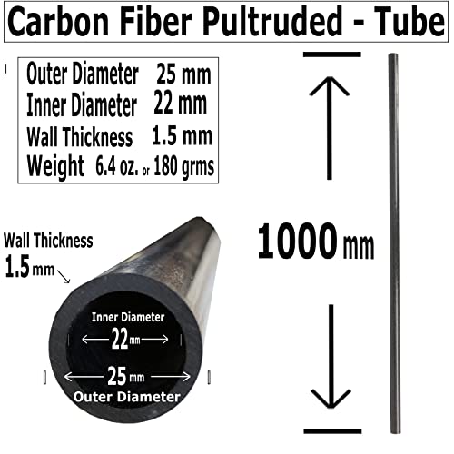 KARBXON – Тръби от въглеродни влакна - 25 mm X 22 mm x 1000 mm – Пултрузионные кръгли кухи пръти, изработени от въглеродни влакна с черно