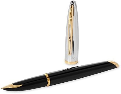 Перьевая писалка Waterman Carène Deluxe, Блясък-черно със сребърно покритие, скоба от 23-каратово злато, Тънка Писалка от Син Чернильным