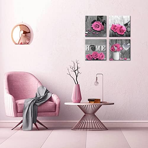 Розовата Роза Баня Wal Art Розово Цвете Стенен Декор на Черно-Бяло Монтиране на Украса Върху Платно В Рамка За Баня 14x14 См