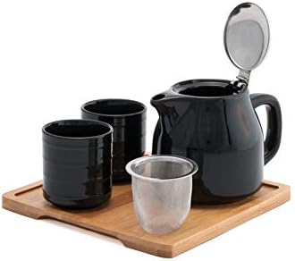 Цветен Керамичен Чайник Fuji Merchandise обем 20 течни унции с Две Чаши в тон и Чайным Сервизом на бамбукова дръжка, Тава (черен)